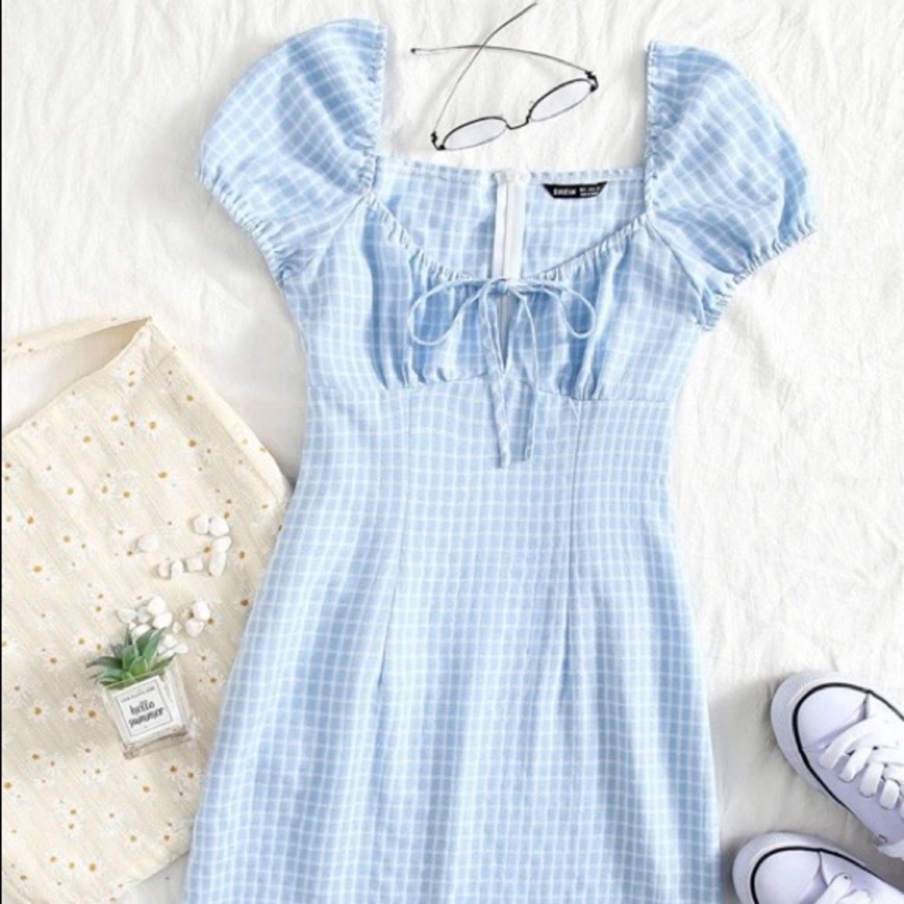 Blue Tie Front Milkmaid Dress